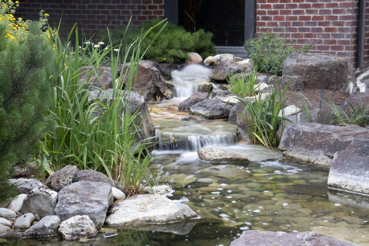 Licensed stock photograph: water falling over set stone into a shallow pool, with grasses planted along both banks.